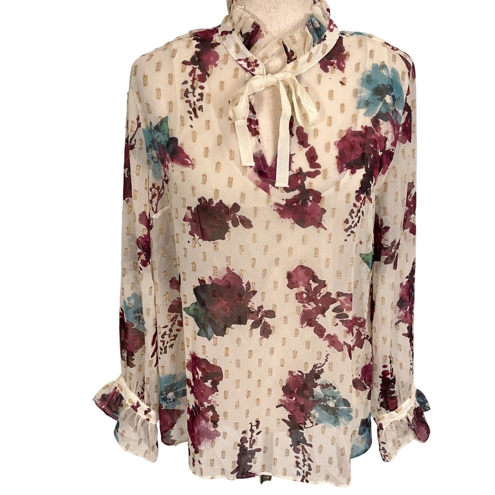 Soft Surroundings Blouse Women Medium Cream Floral Gold Bow Tie Ruffled Sleeve‎